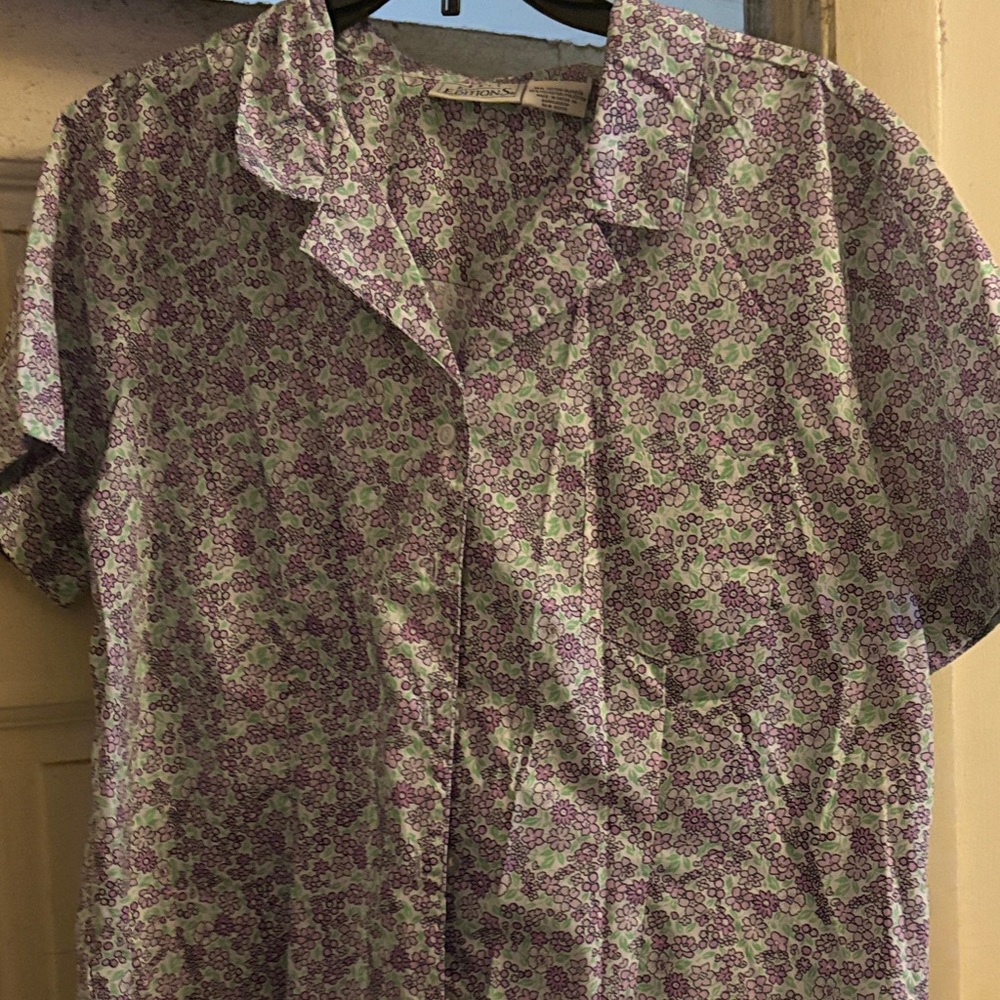 Basic Editions Purple and Green Floral Button Down Shirt